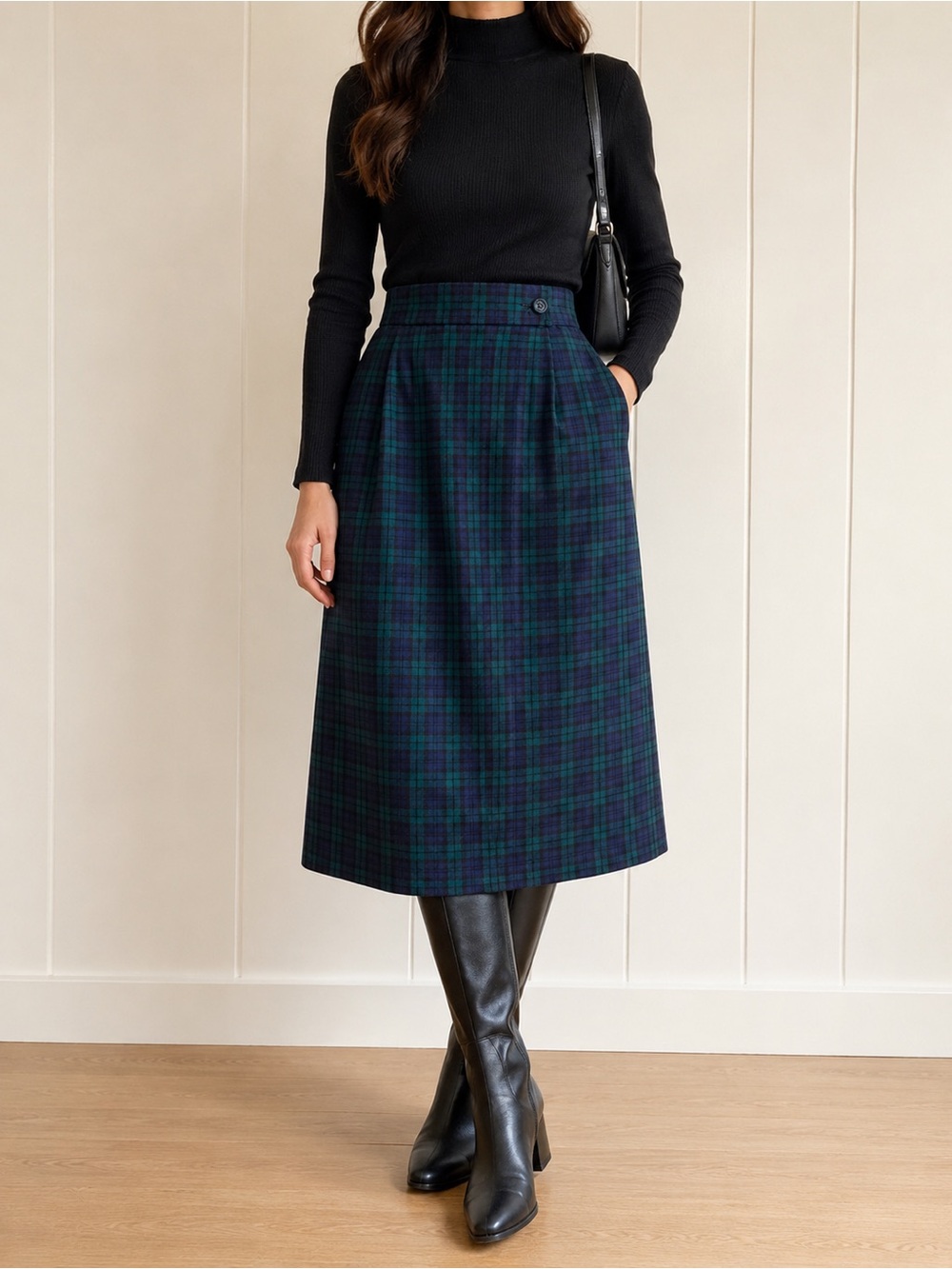 Vintage Pendleton Black Watch Tartan Wool Midi Skirt Size 10 Pleated Academia